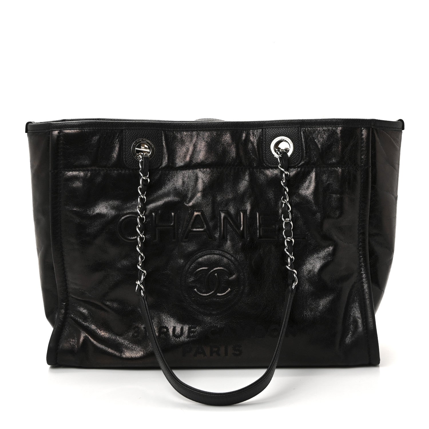 Glazed Calfskin Small Deauville Tote Black