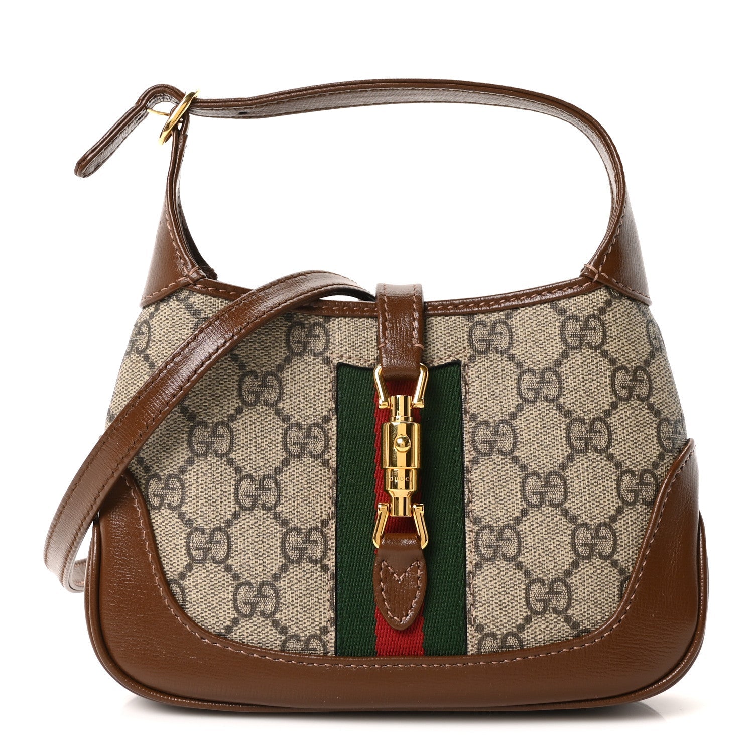 GG Supreme Monogram Azalea Calfskin Web Mini Jackie 1961 Hobo Beige Ebony Brown Sugar