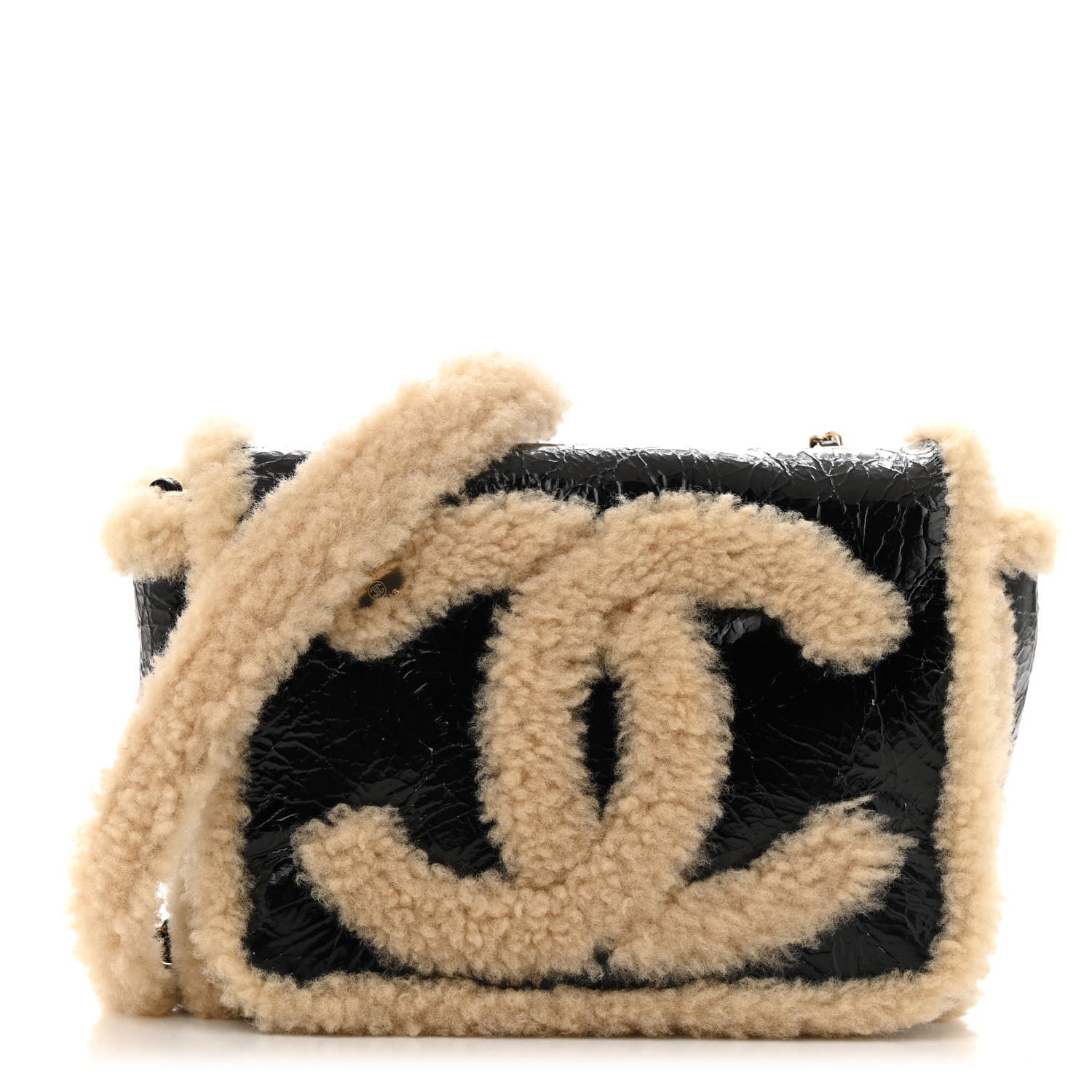 Shiny Crumpled Sheepskin Shearling CC Mania Flap Bag Black Beige