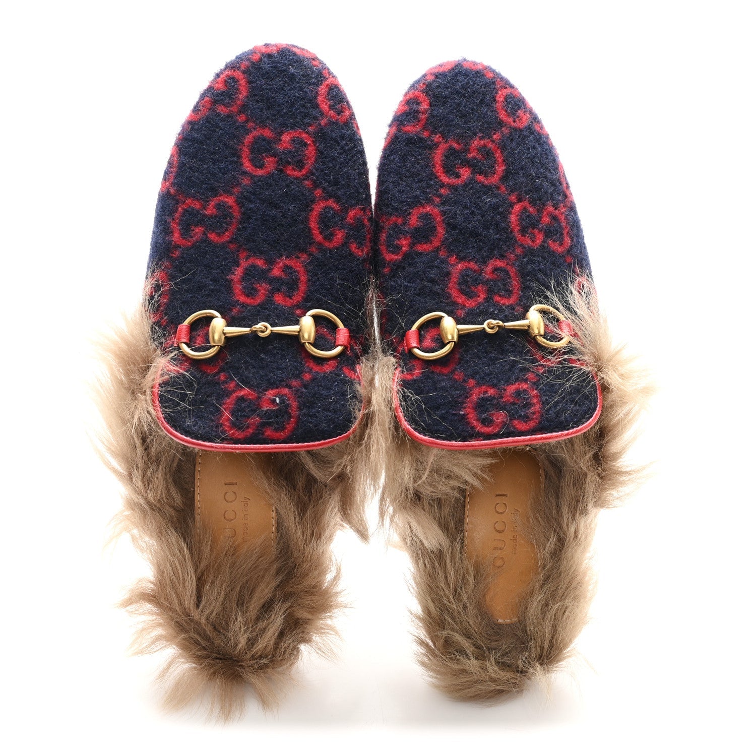 Covered Wool Big GG Monogram Fur Womens Princetown Slippers 36 Blue Red Butterscotch
