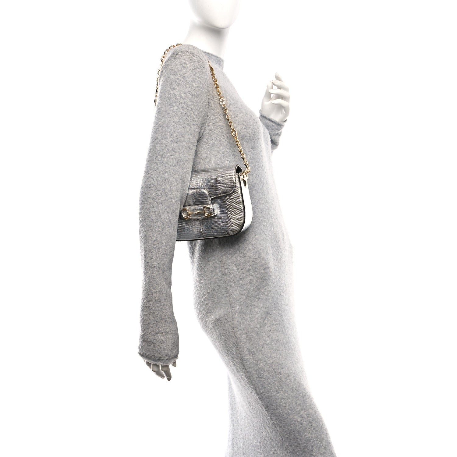 Lizard Mini Horsebit 1955 Shoulder Bag Silver