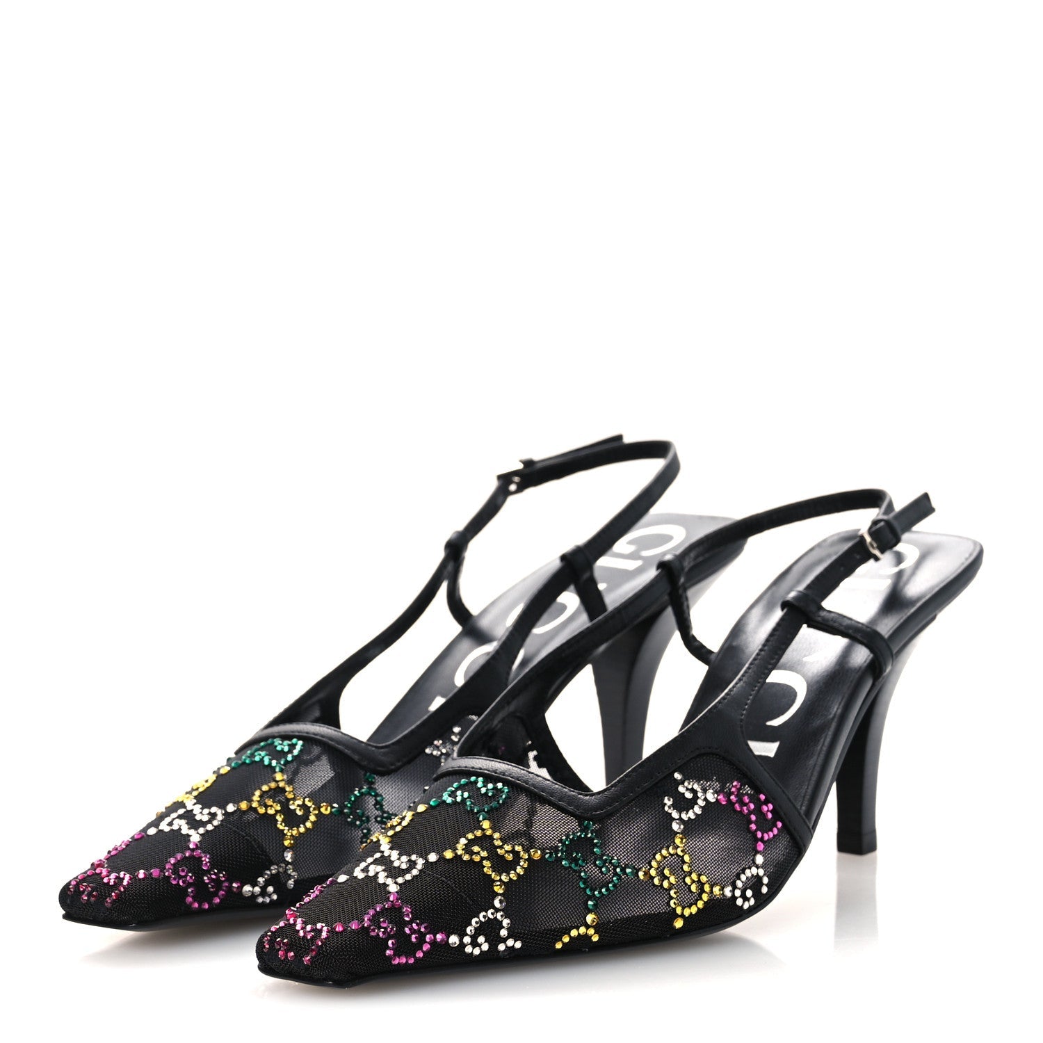 Tela Retino Nappa Charlotte Crystal GG Monogram Square G 75mm Slingback Pumps 37 Black