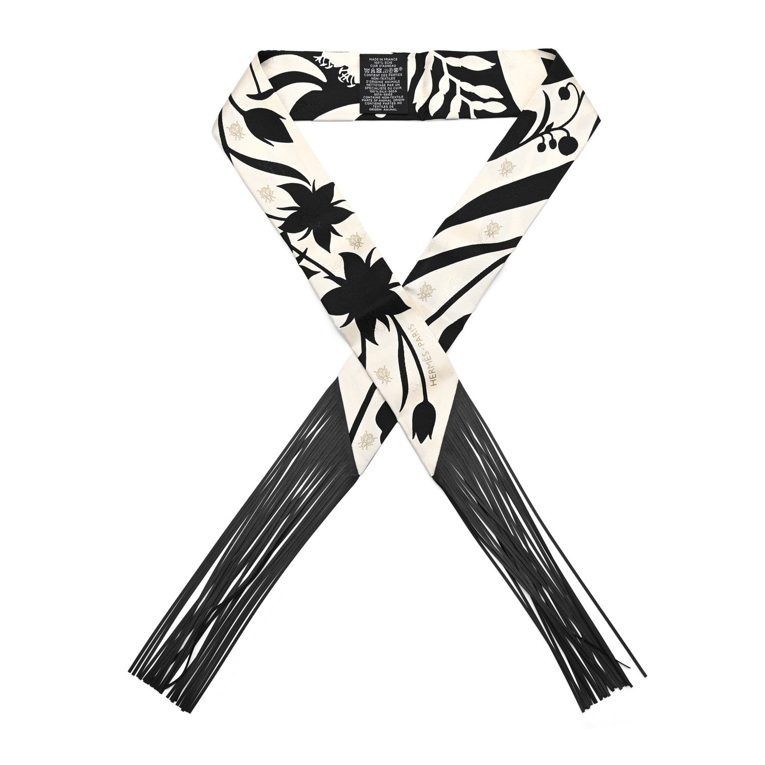 Silk Calfskin Bouquet Final Fringed Twilly Creme Black
