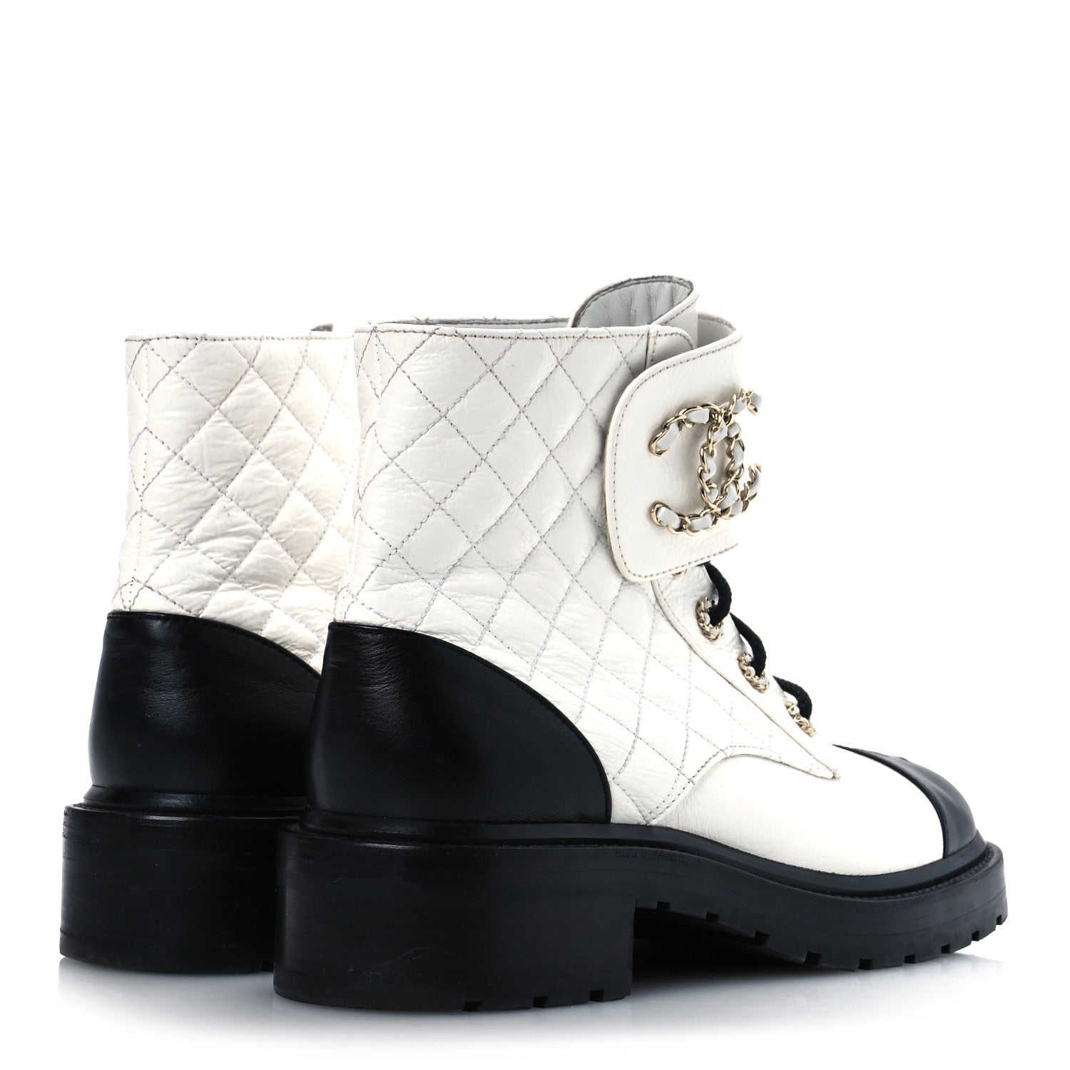 Shiny Goatskin Calfskin Quilted Lace Up Combat Boots 41.5 White Black