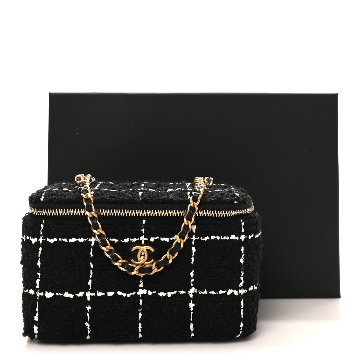 Tweed Pearl Crush Small Vanity Case With Chain Black White