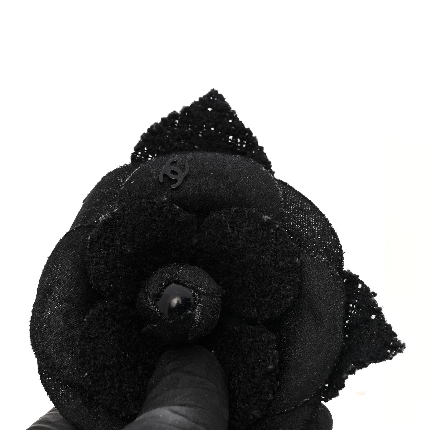 Tweed Fabric Camellia Pin Brooch Black