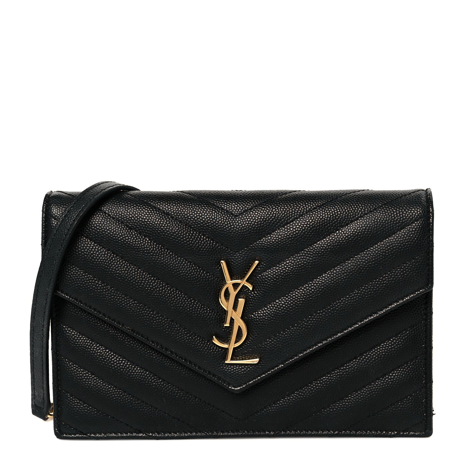 Grain De Poudre Matelasse Chevron Monogram Envelope Chain Wallet Black