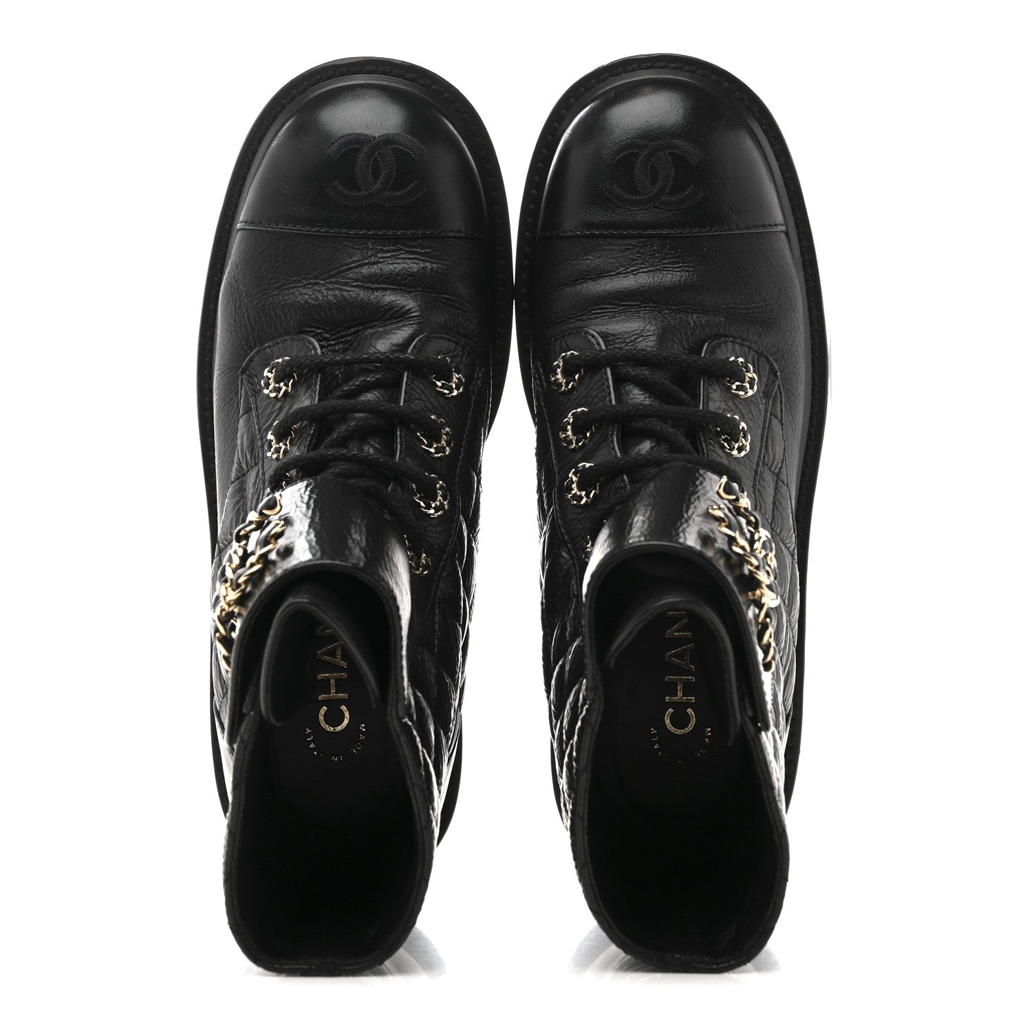 Shiny Goatskin Calfskin Quilted Lace Up Combat Boots 37 Black