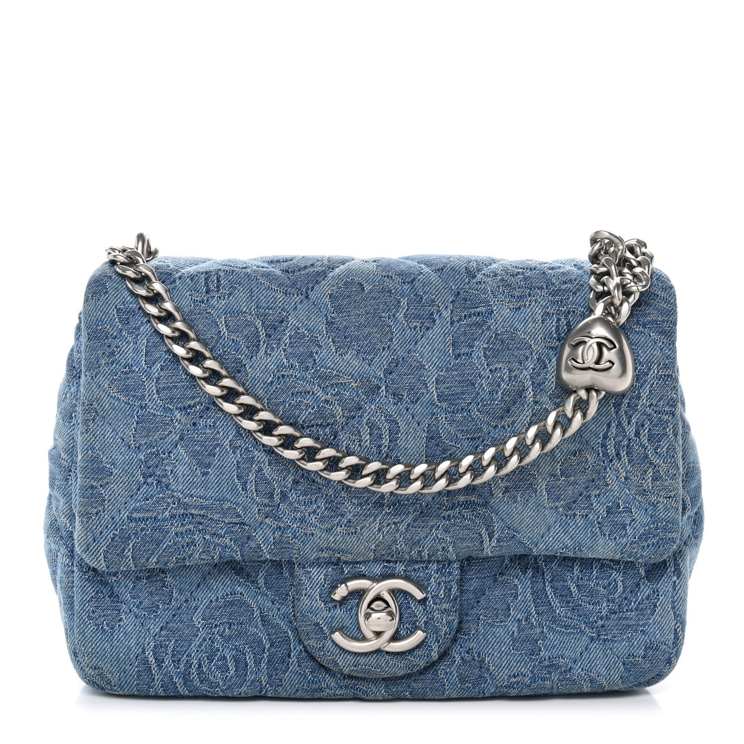 Denim Quilted Camellia Sweetheart Mini Flap Blue
