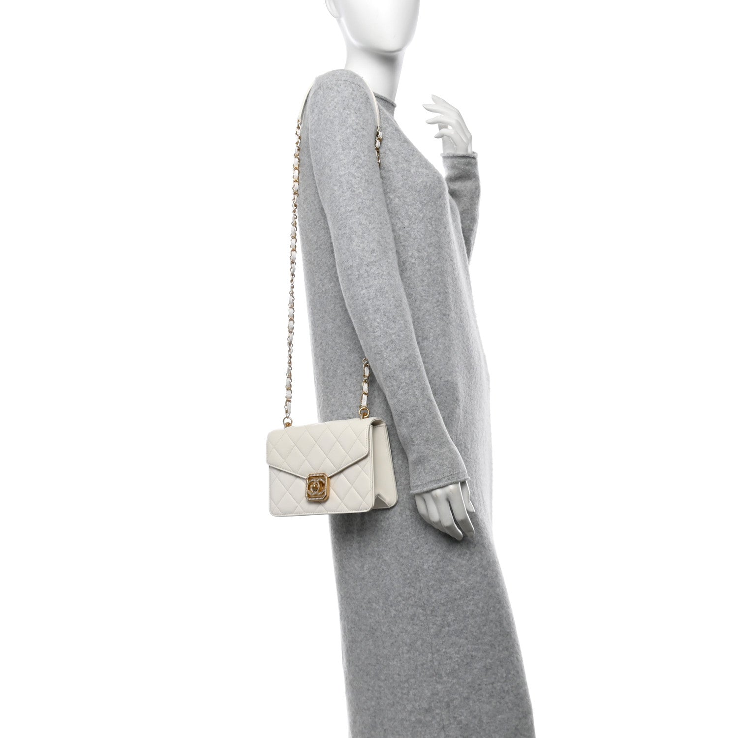 Calfskin Strass Quilted Flap White