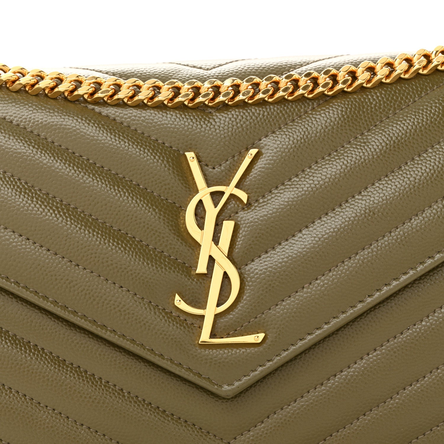 Grain De Poudre Matelasse Chevron Monogram Chain Wallet Vert Kaki