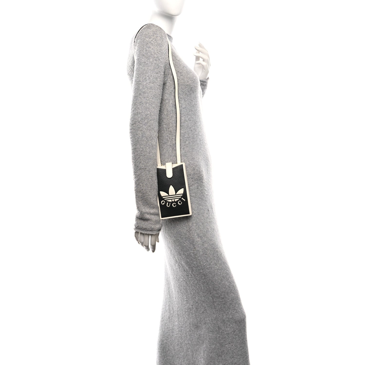 X ADIDAS Textured Dollar Calfskin Trefoil Embossed Phone Crossbody Bag Black Off White