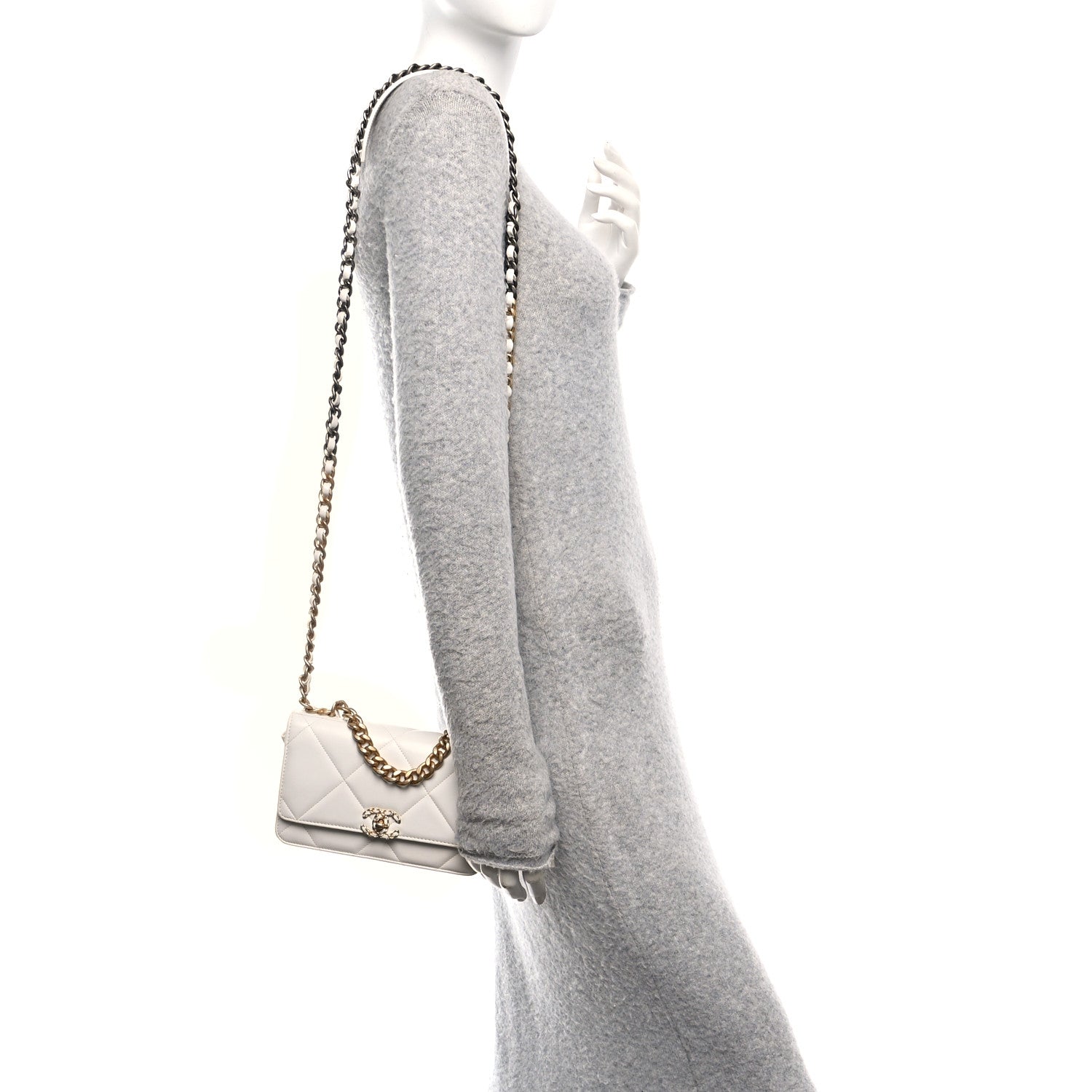 Lambskin Quilted Chanel 19 Wallet On Chain WOC White