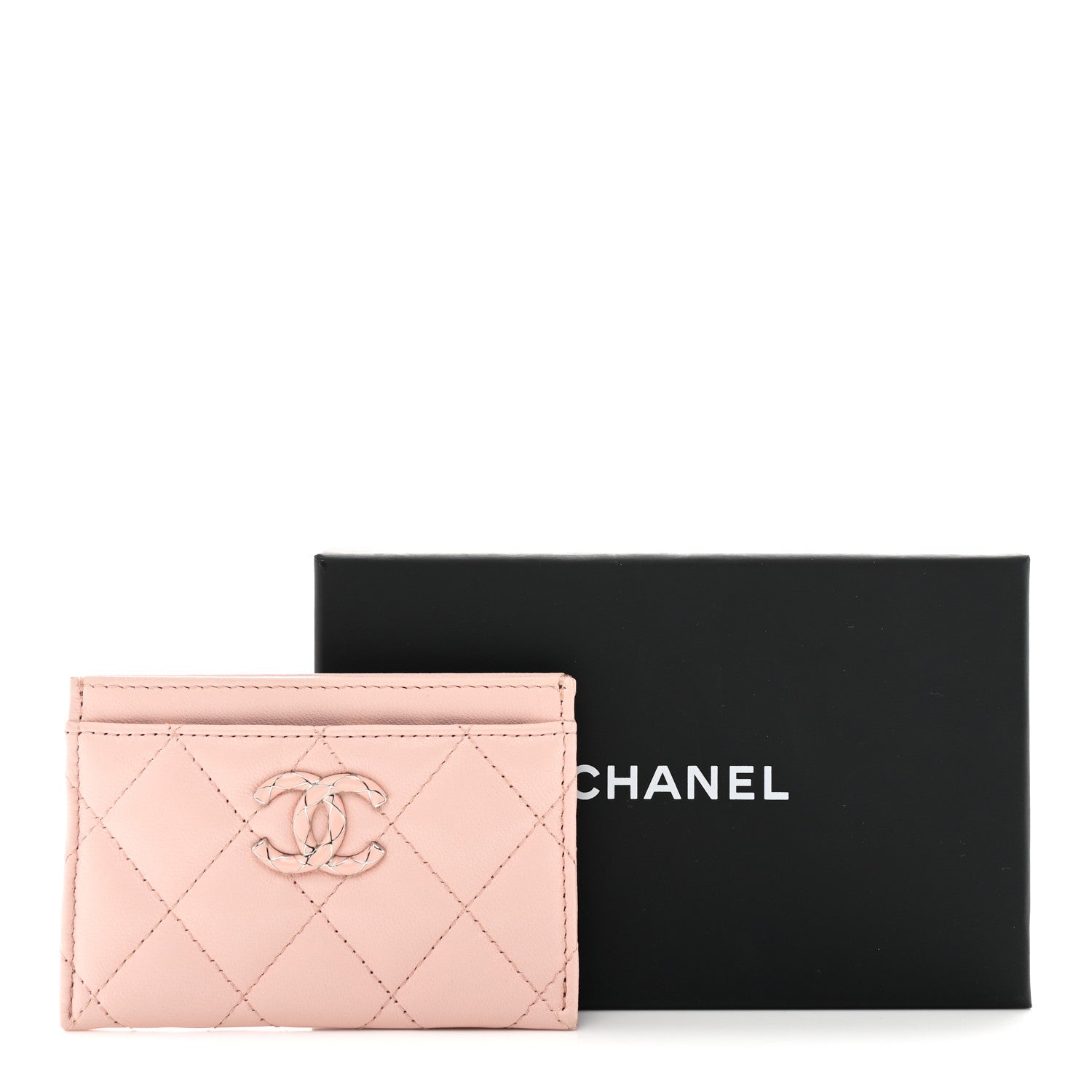 Lambskin Enamel Quilted Card Holder Pink