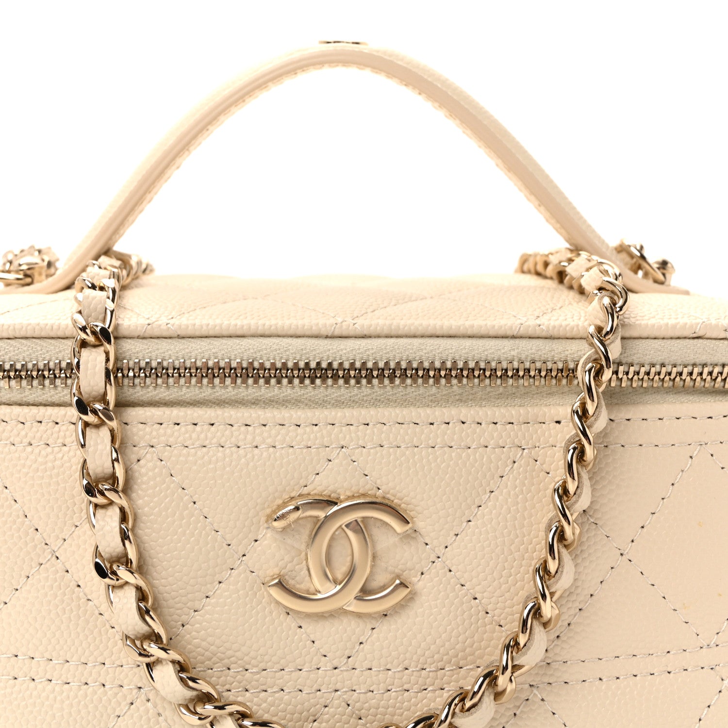 Caviar Quilted Trendy Handle Mini Vanity Ecru