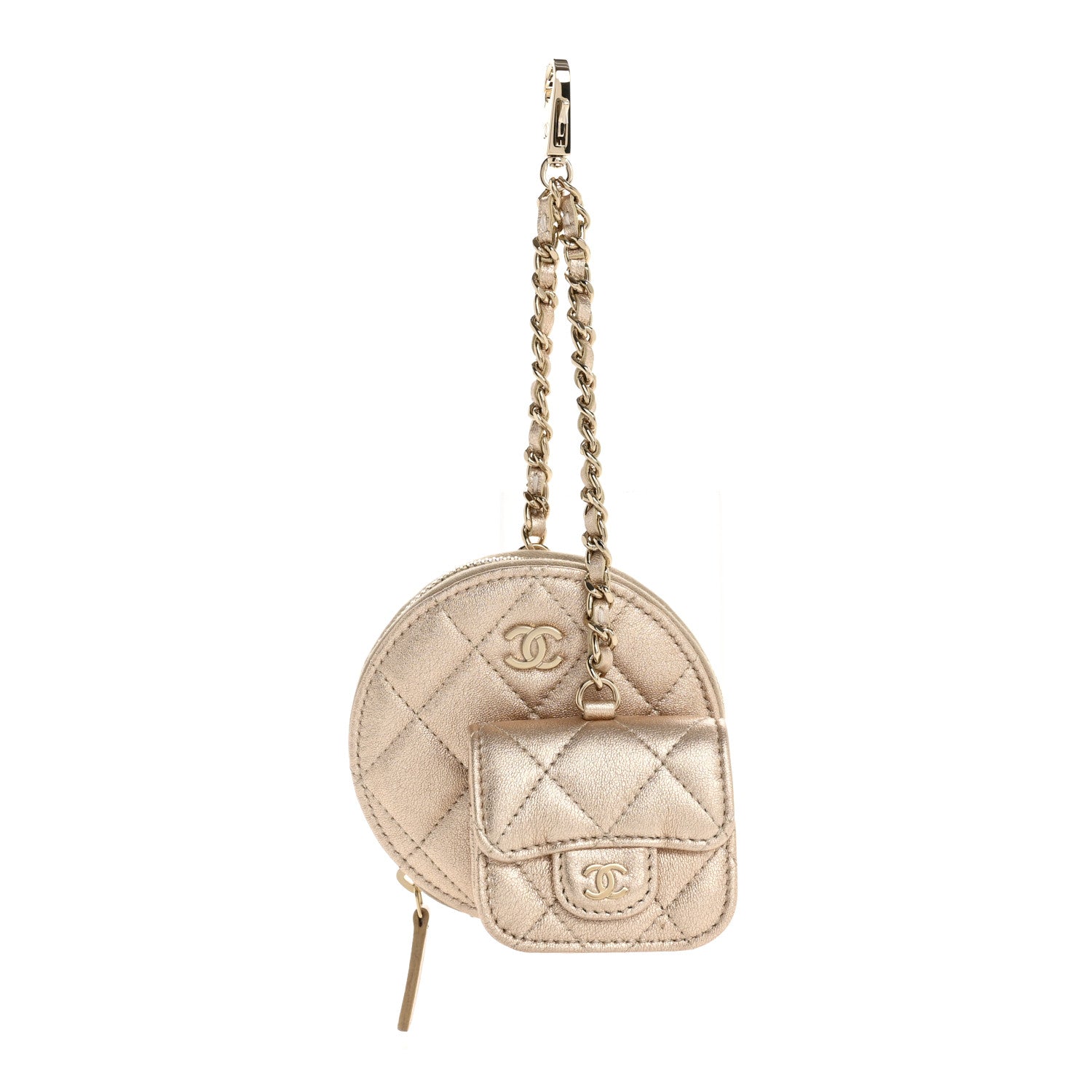 Metallic Lambskin Quilted Round Clip On Coin Purse Airpods Case Gold