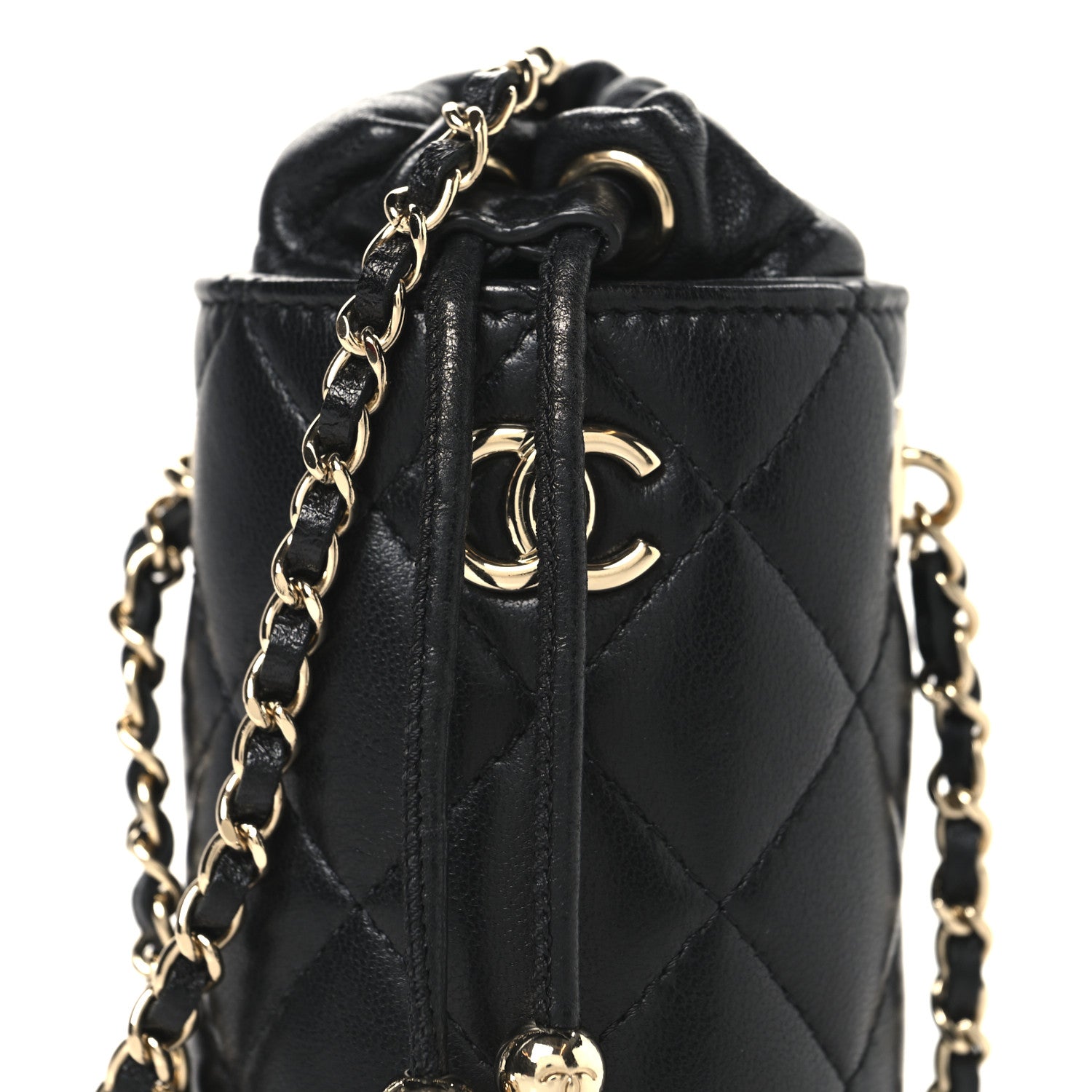 Lambskin Quilted Mini Bucket Bag With Chain Black