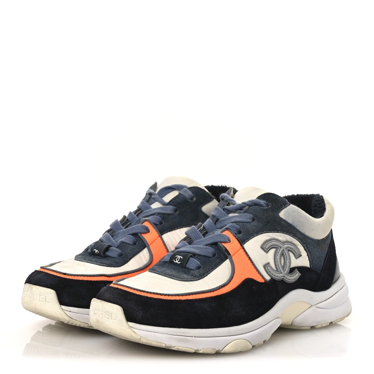 Nylon Calfskin Suede CC Womens Sneakers 35.5 Navy White Orange Black