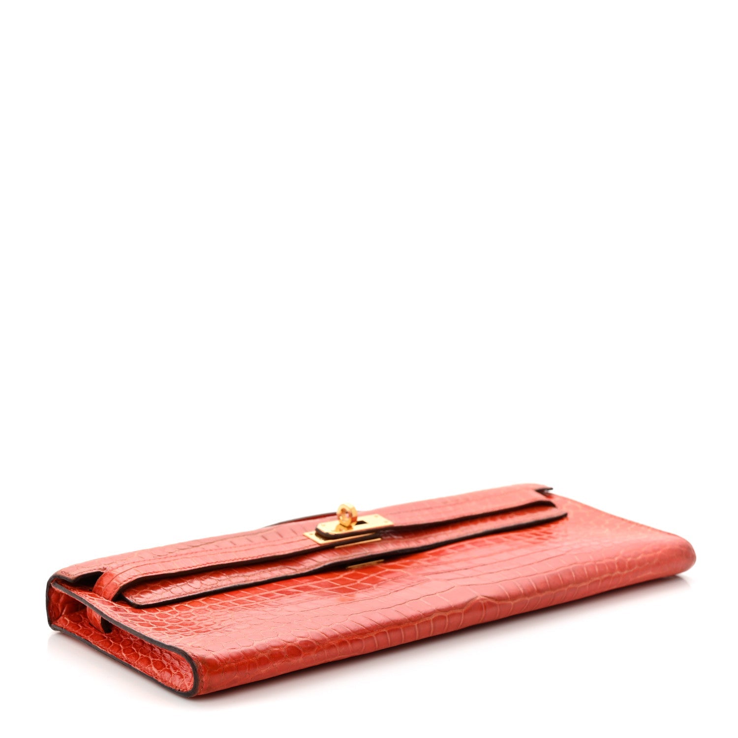 Shiny Porosus Crocodile Kelly Cut Pochette Orange Poppy