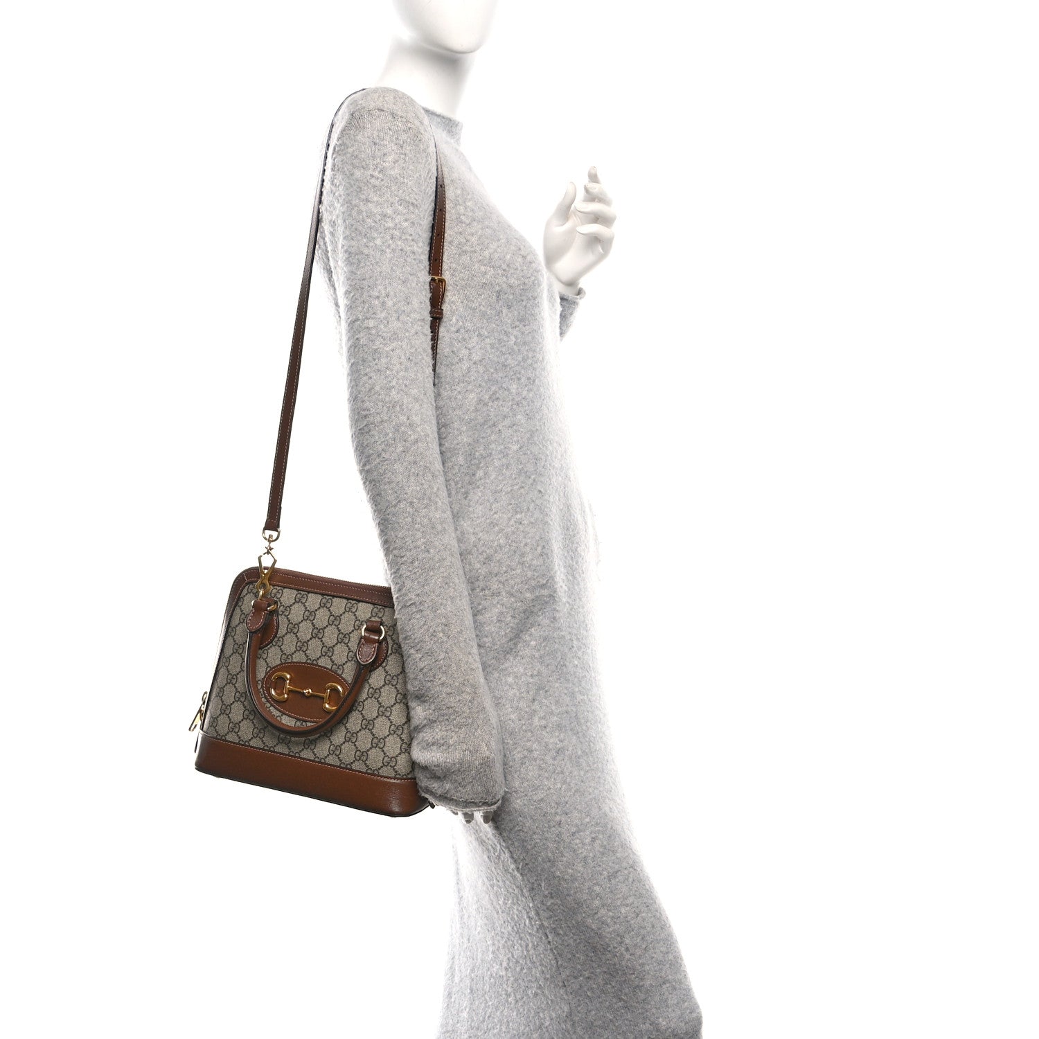 GG Supreme Monogram Azalea Calfskin Small Horsebit 1955 Top Handle Bag Beige Ebony Brown Sugar