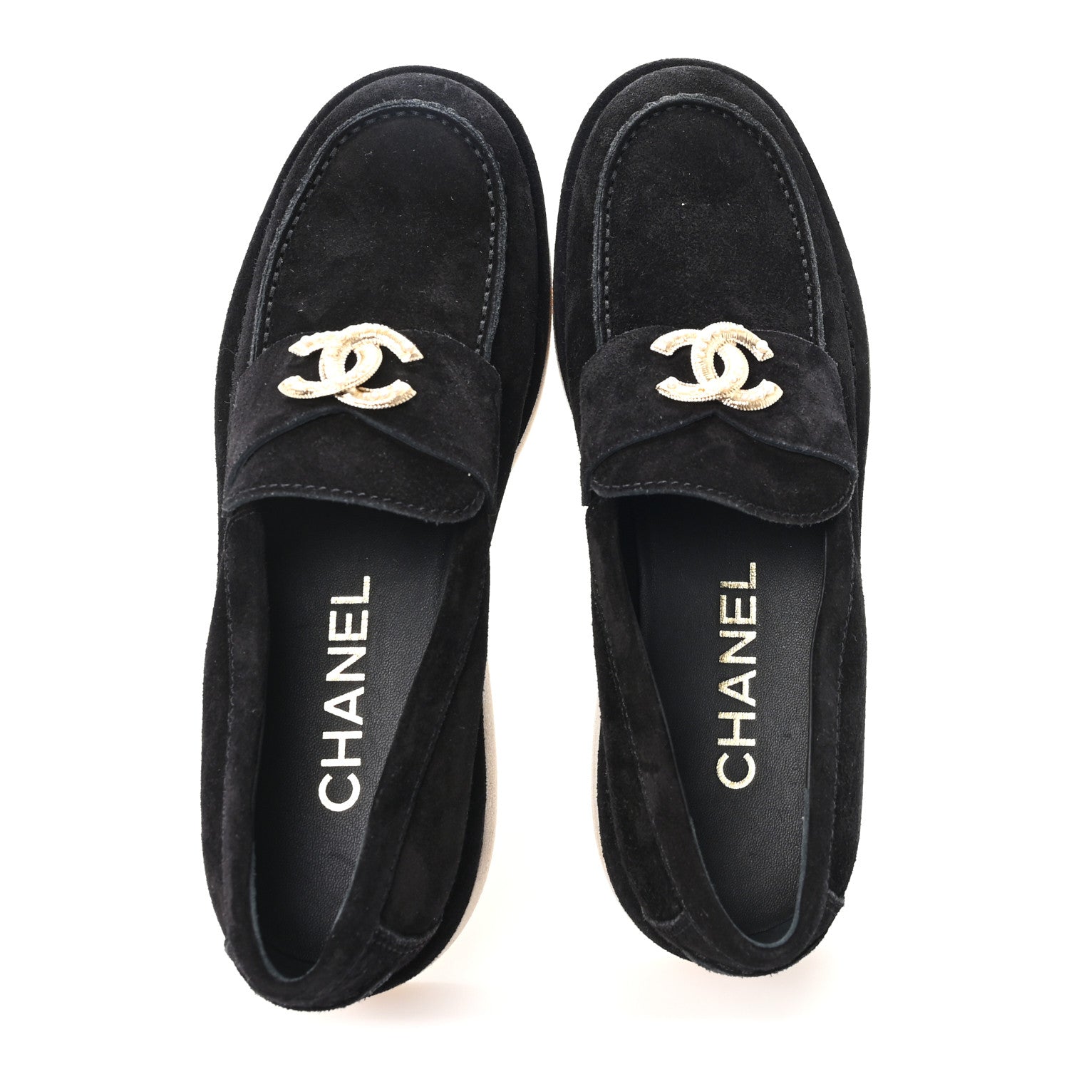 Suede Calfskin Pearl CC Moccasin Loafers 38.5 Black