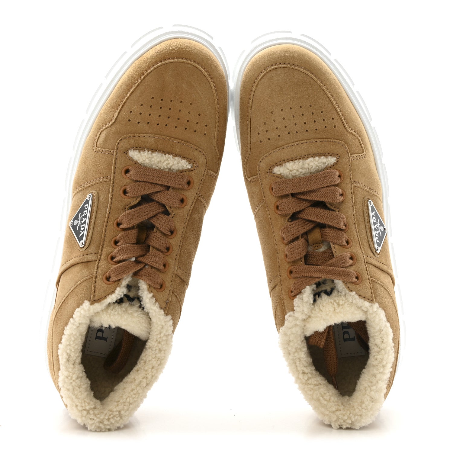 Suede Shearling Triangle Logo Downtown Sneakers 40 Ecru