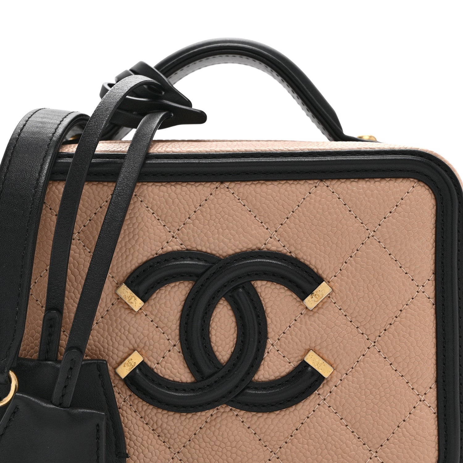 Caviar Quilted Small CC Filigree Vanity Case Beige Black