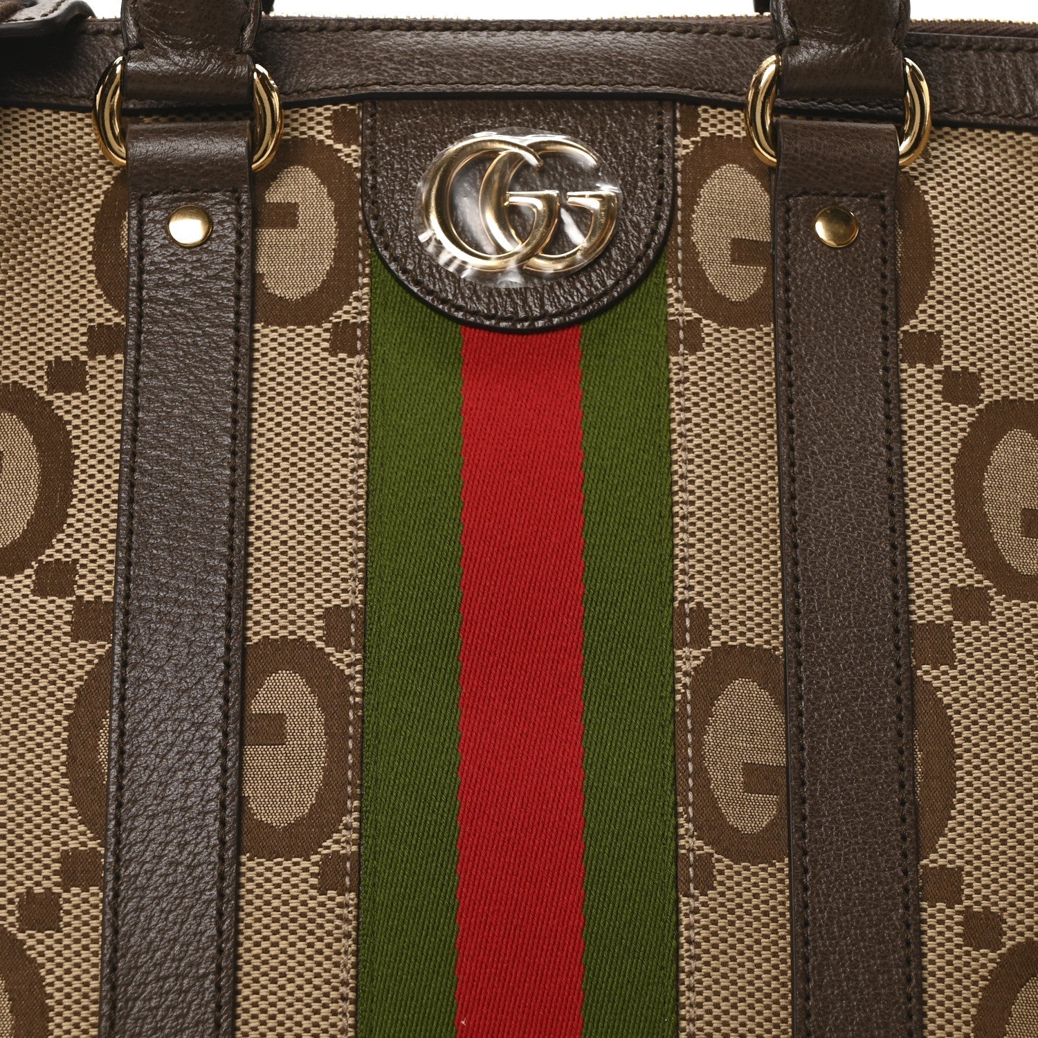 Monogram Jumbo GG Textured Dollar Calfskin Web Medium Duffle Bag Camel Ebony