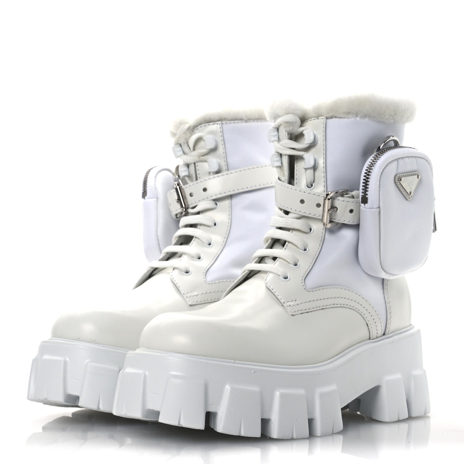 Spazzolato Rois Nylon Shearling Metal Triangle Logo Monolith Pouch Pocket 55mm Boots 35.5 White