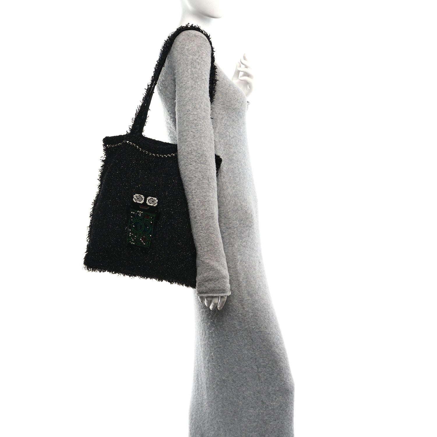 Tweed Resin Strass Large Robot Shopping Bag Black