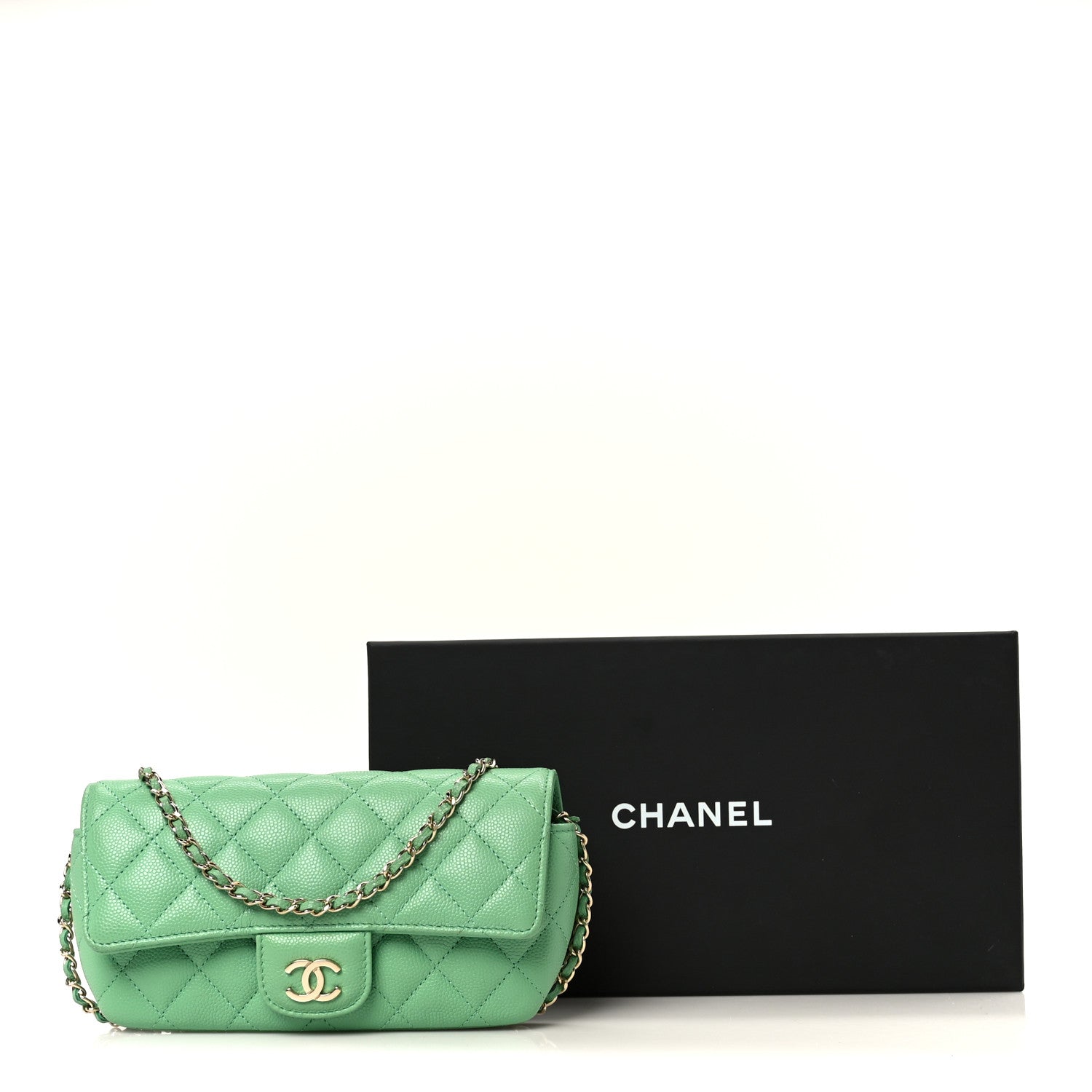 Caviar Quilted Flap Phone Holder With Chain Green