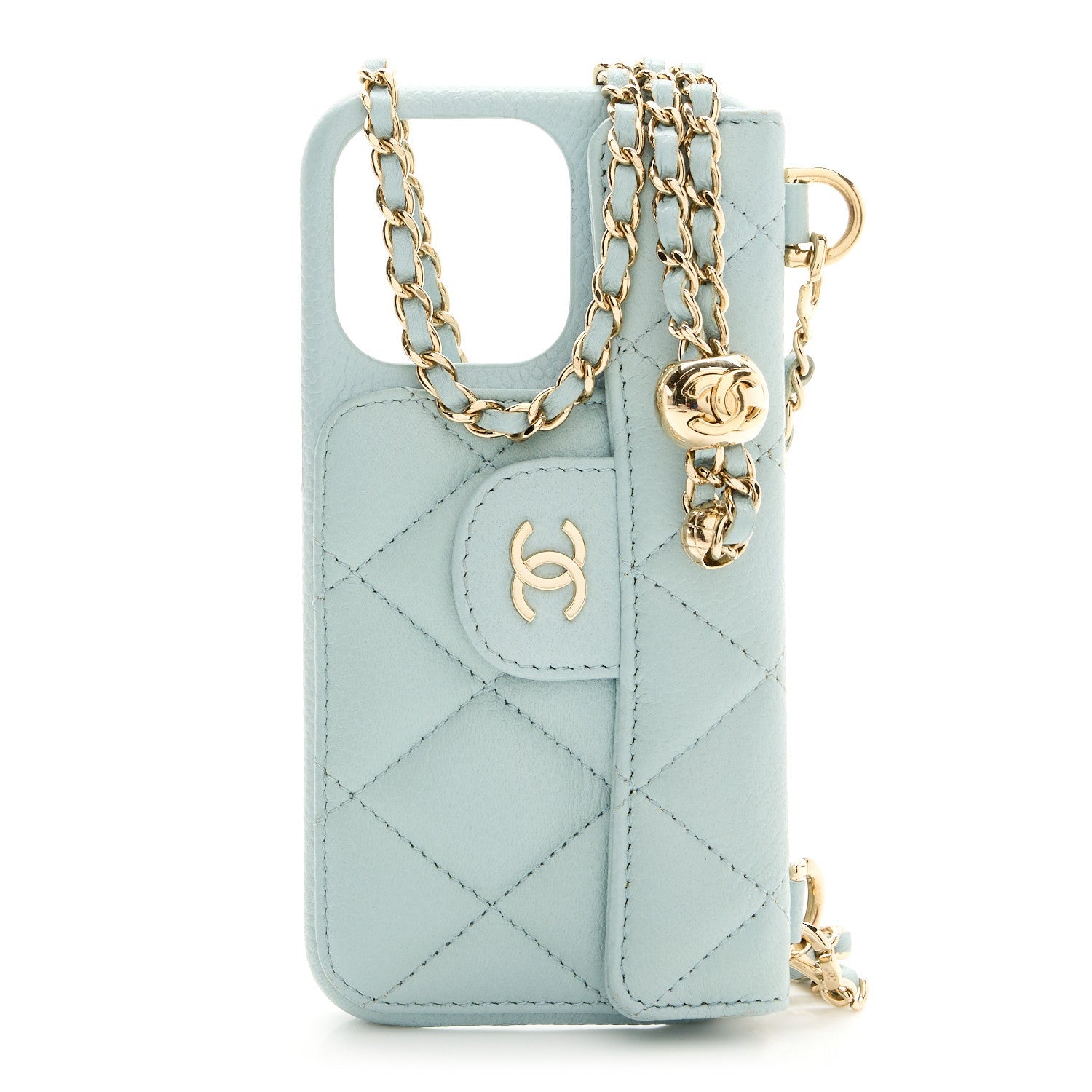 Caviar Quilted Pearl Crush iPhone 13 Pro Holder With Chain Light Blue