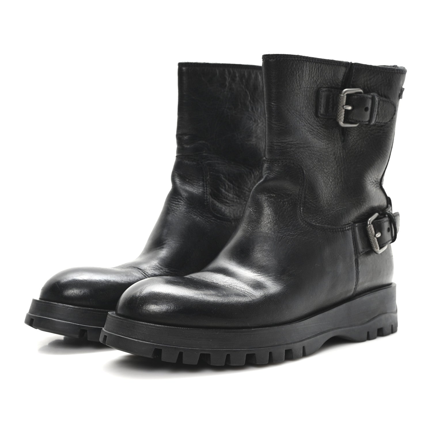Calfskin Double Buckle Combat Boots 37 Black