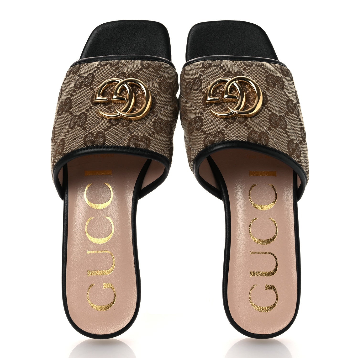 Monogram Matelasse Diagonal GG Marmont Flat Slide Sandals 35 Beige Ebony Black