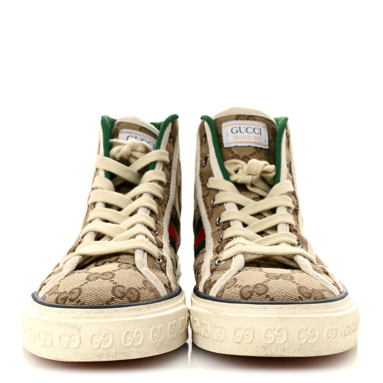 GG Monogram Web Womens 1977 Tennis High Top Sneakers 37 Beige Ebony Mystic White