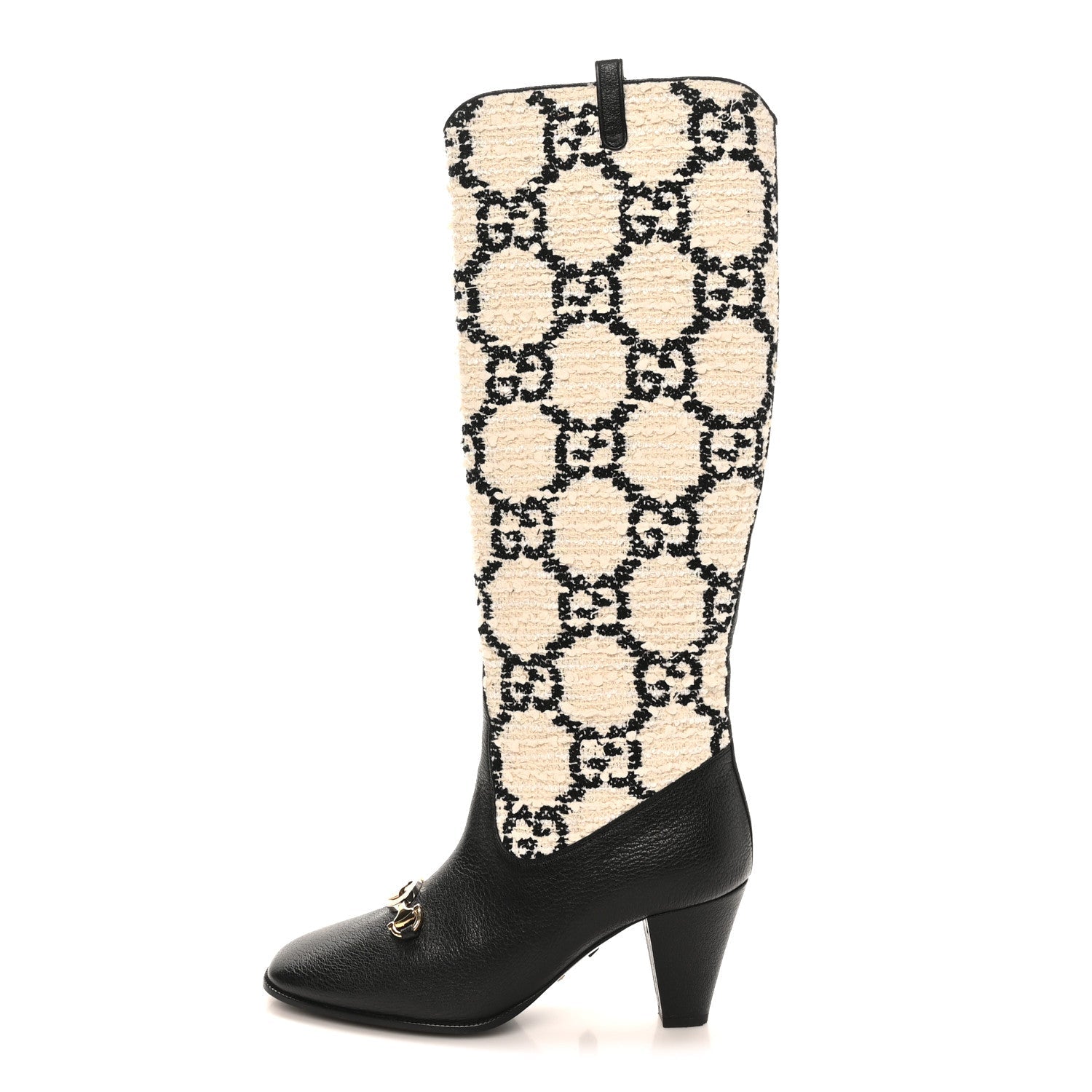 Tweed GG Monogram Wrinkled Kid Zumi Knee Boots 39.5 Natural Black