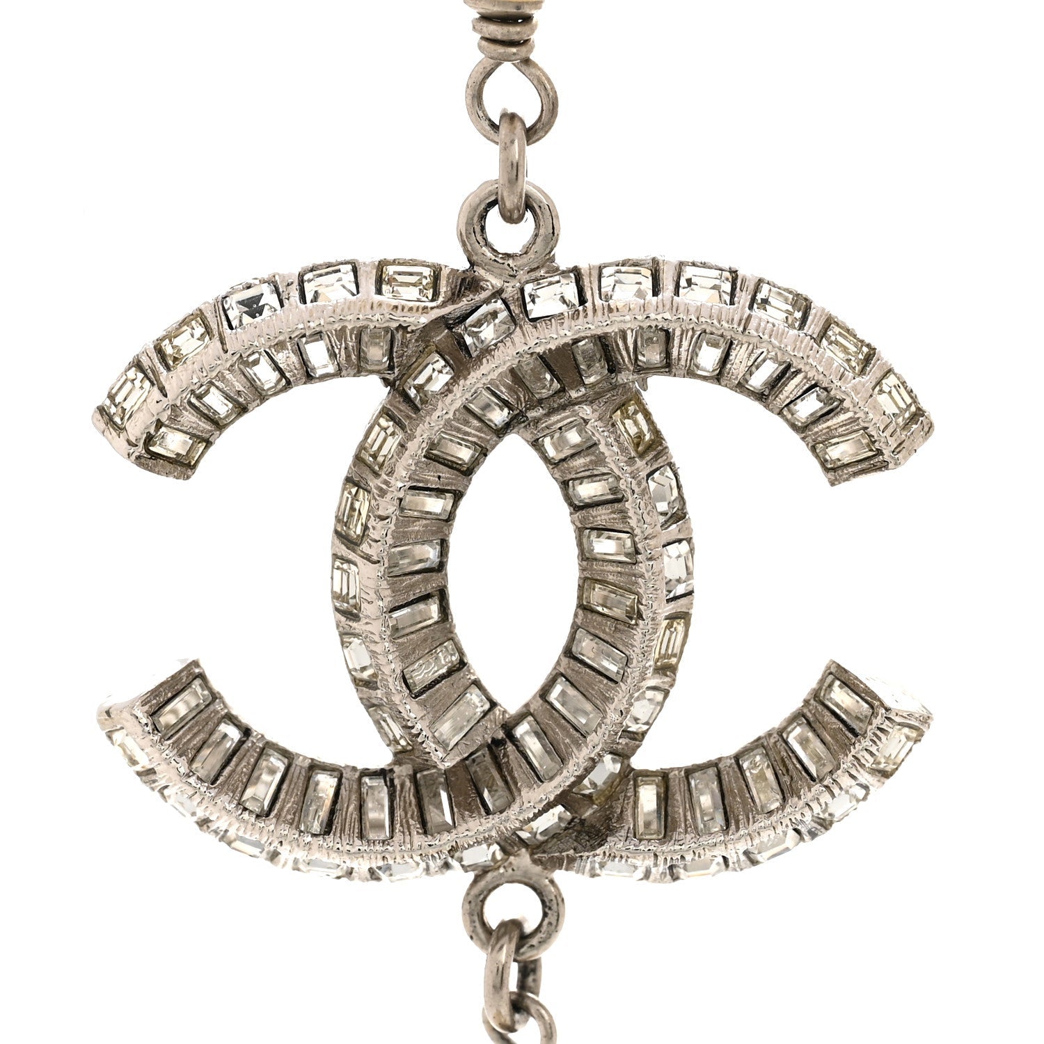 Pearl Baguette Crystal CC Long Necklace Silver