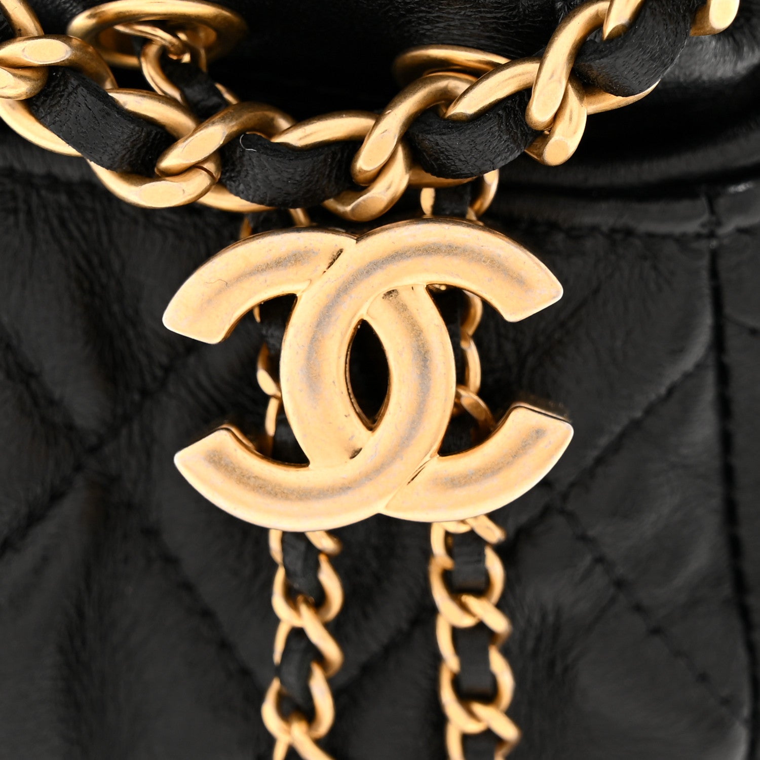 Shiny Lambskin Quilted Mini Drawstring CC Bucket Bag Black