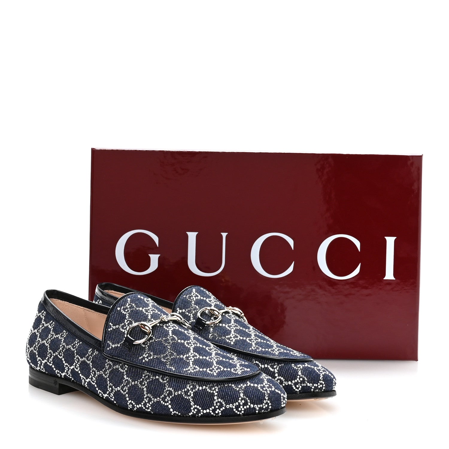Denim Crystal GG Monogram Horsebit Womens Jordaan Loafers 37 Deep Blue Blue Milad
