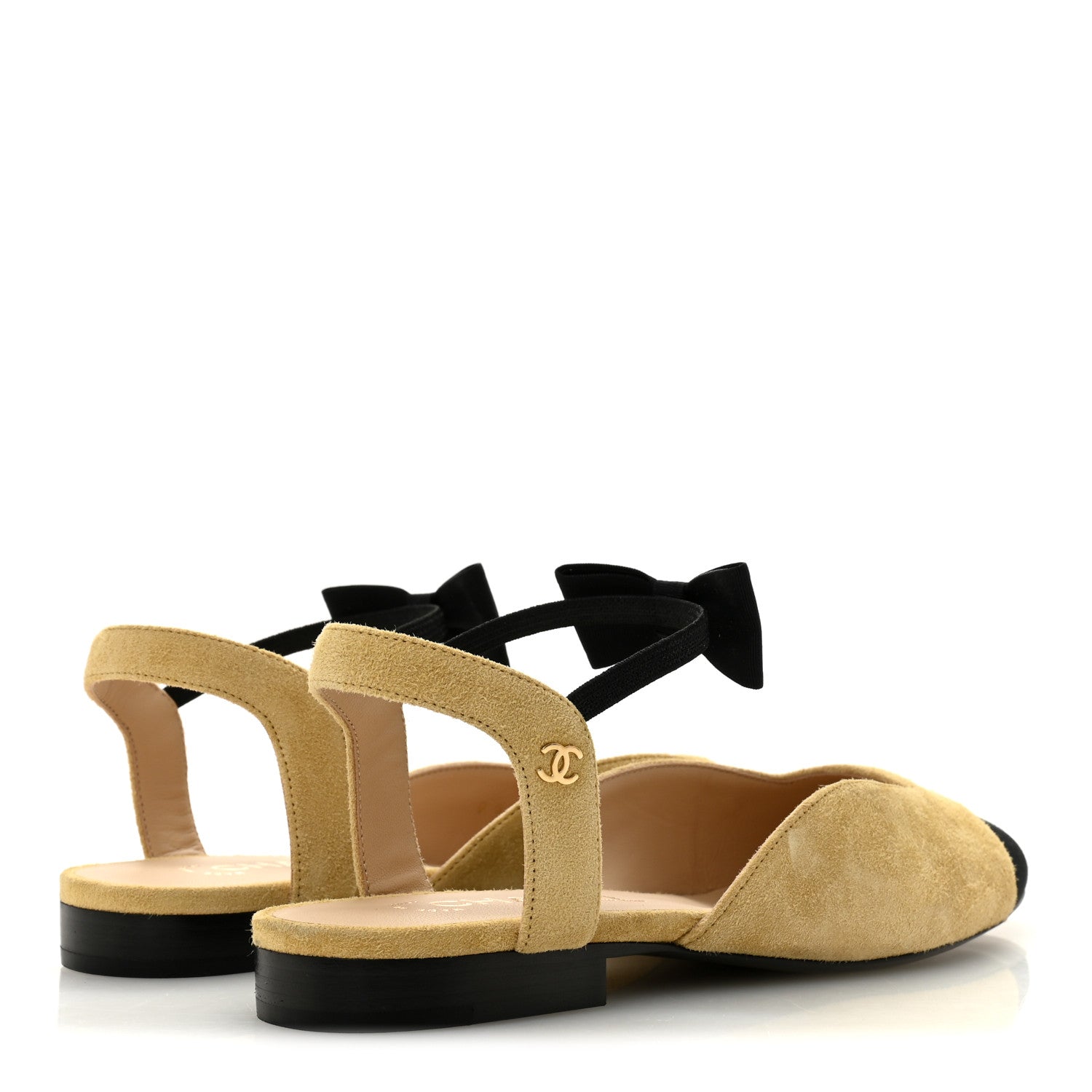 Suede Grosgrain Bow Cap Toe CC Slingback Flats 38 Beige Black