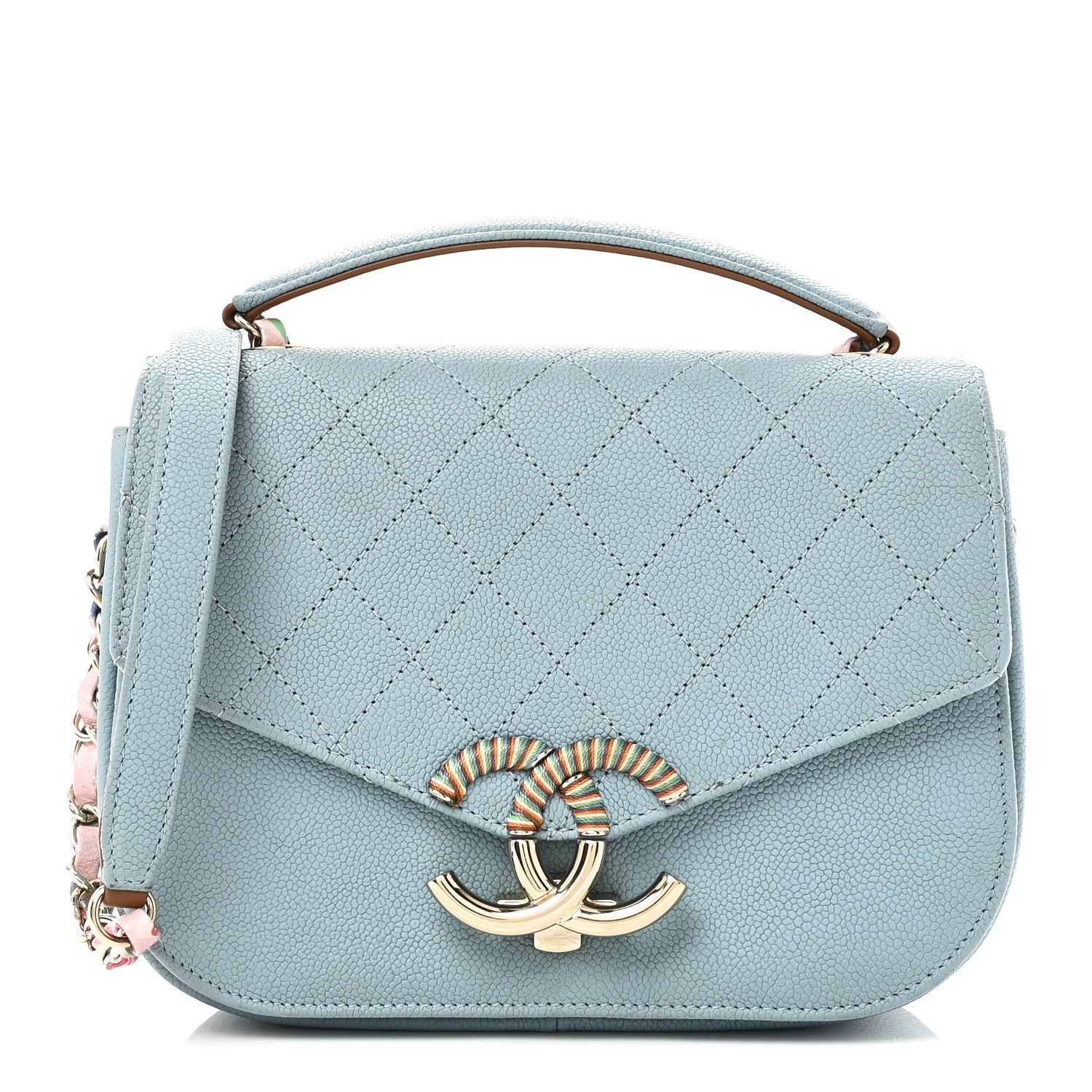 Grained Calfskin Quilted Small Cuba Top Handle Flap Blue