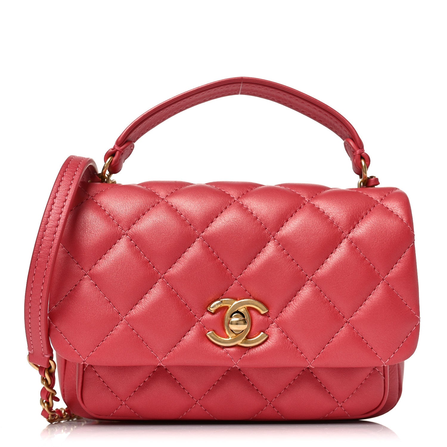 Calfskin Quilted Top Handle Flap Dark Pink