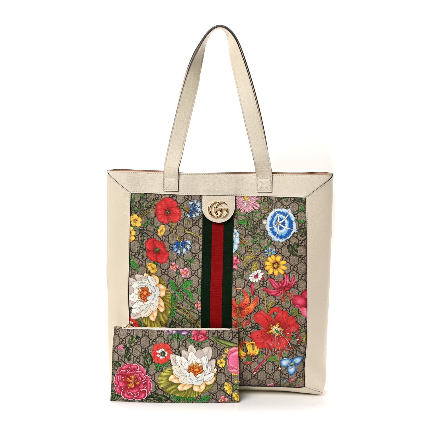 GG Supreme Monogram Flora Web Ophidia Vertical Shopping Tote White