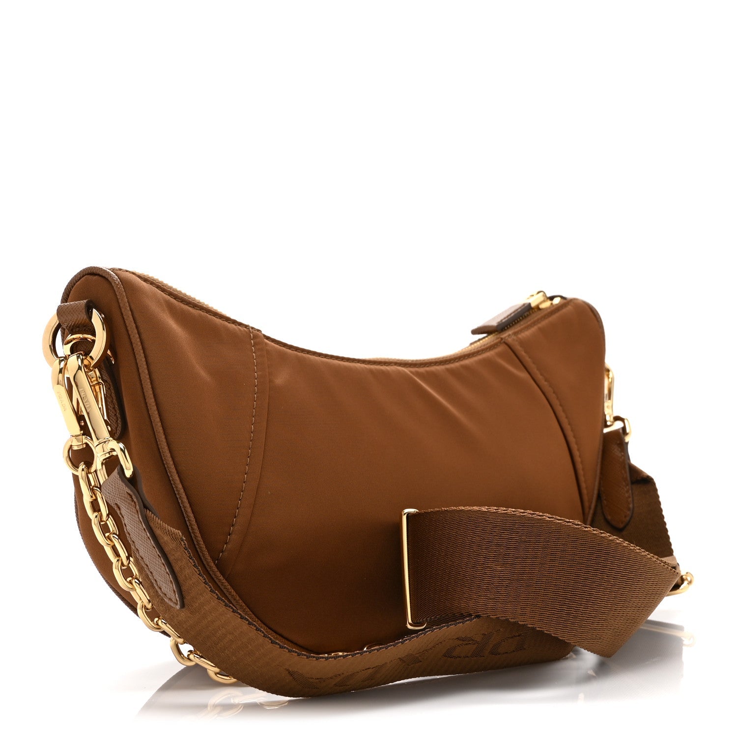 Re-Nylon Saffiano Demi-lune Shoulder Bag Brandy