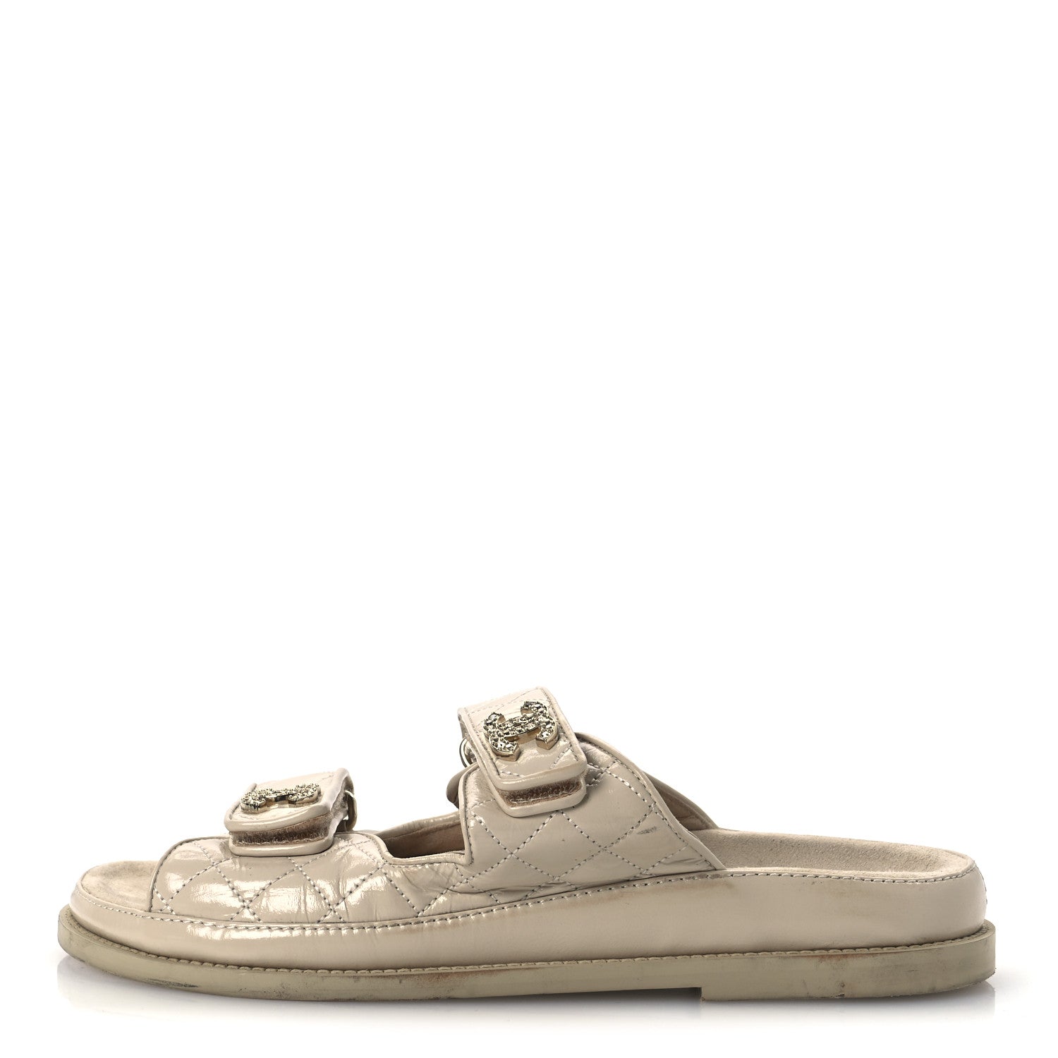 Shiny Calfskin Quilted Velcro Dad Crystal CC Slide Sandals 39 Beige
