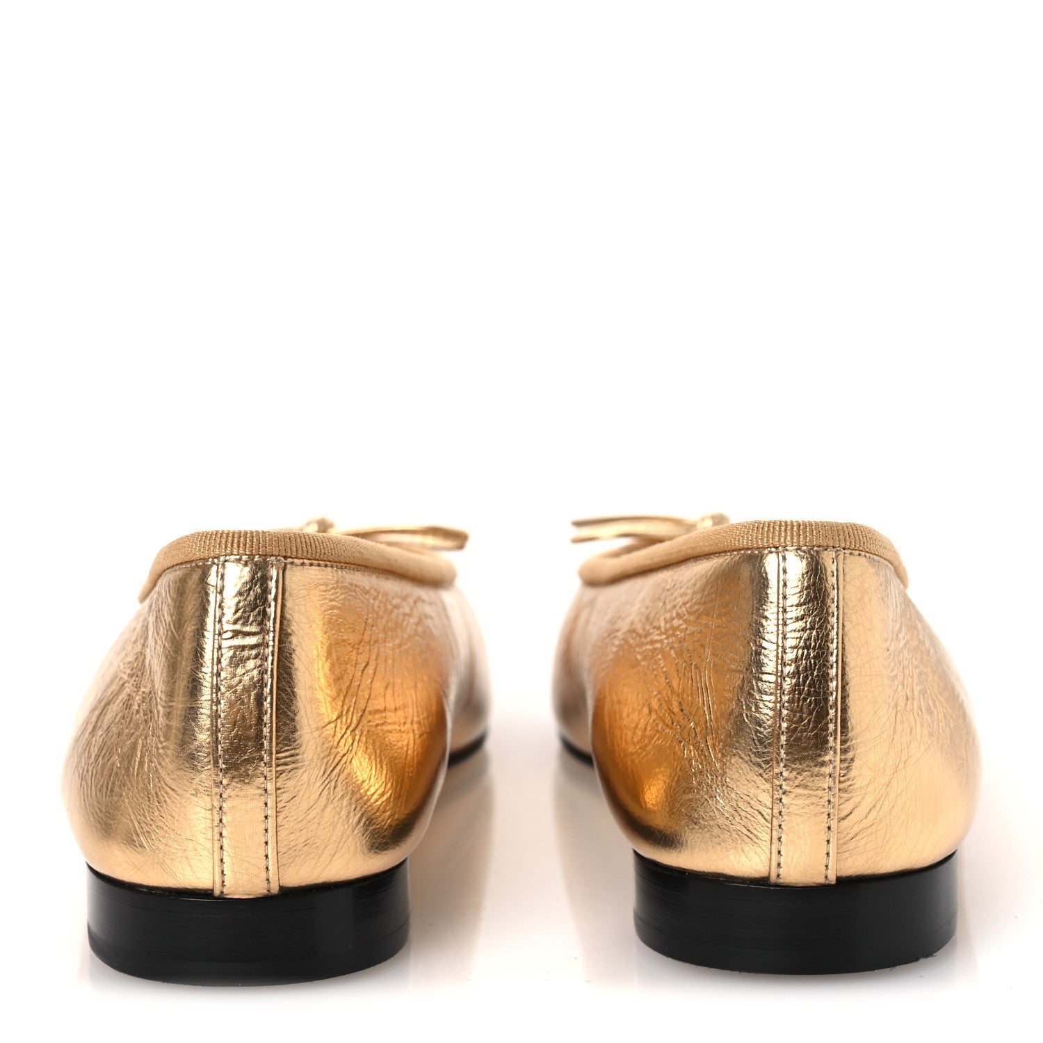 Laminated Crumpled Lambskin Grosgrain Cap Toe CC Ballerina Flats 37.5 Gold Black