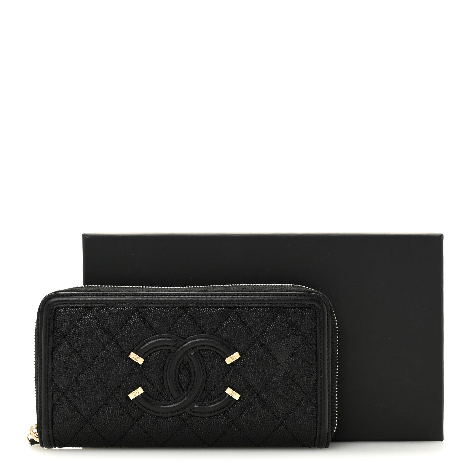 Caviar Quilted Filigree Zip Around Wallet Black