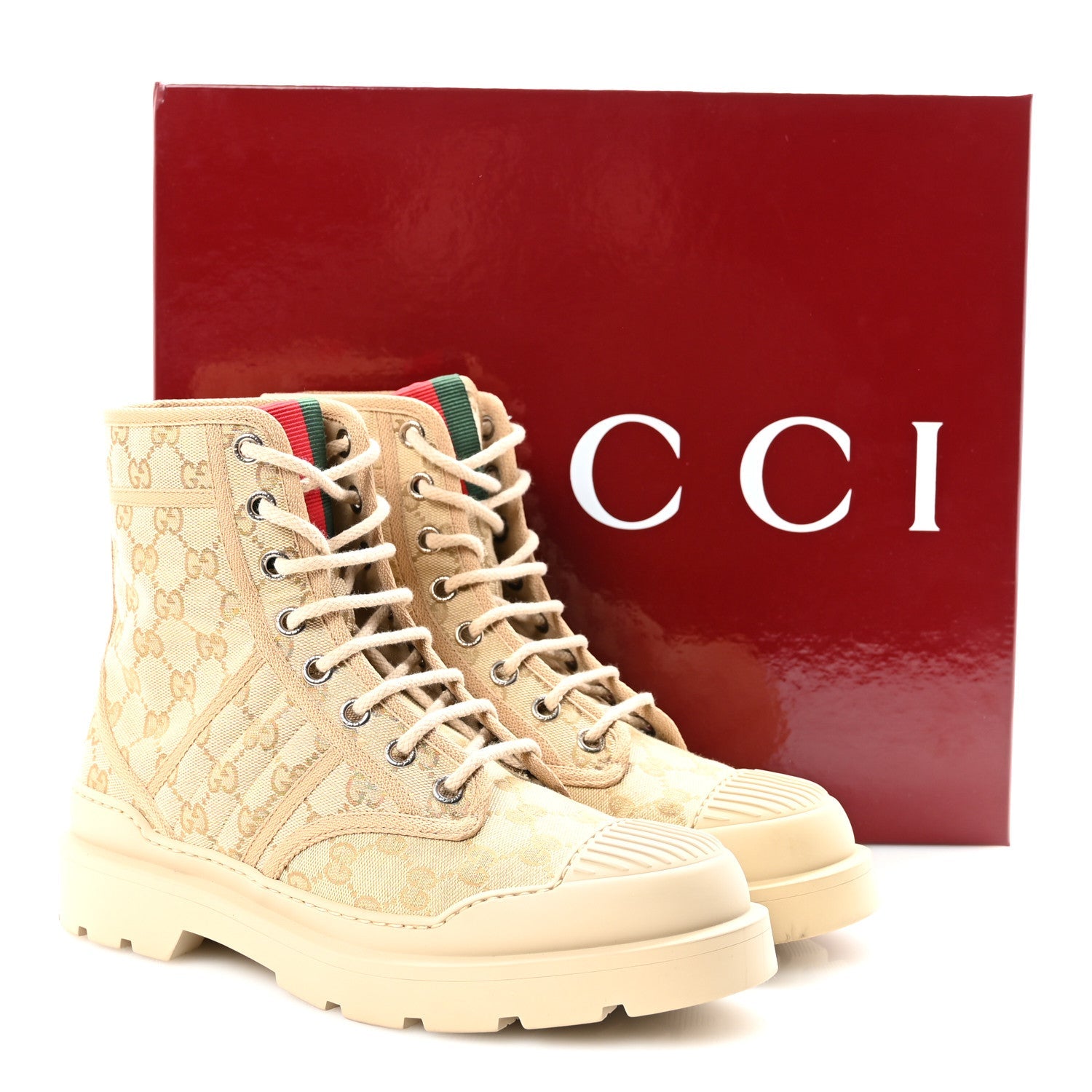 GG Monogram Web Mens Lug Sole Ankle Boots 7.5 New Sand
