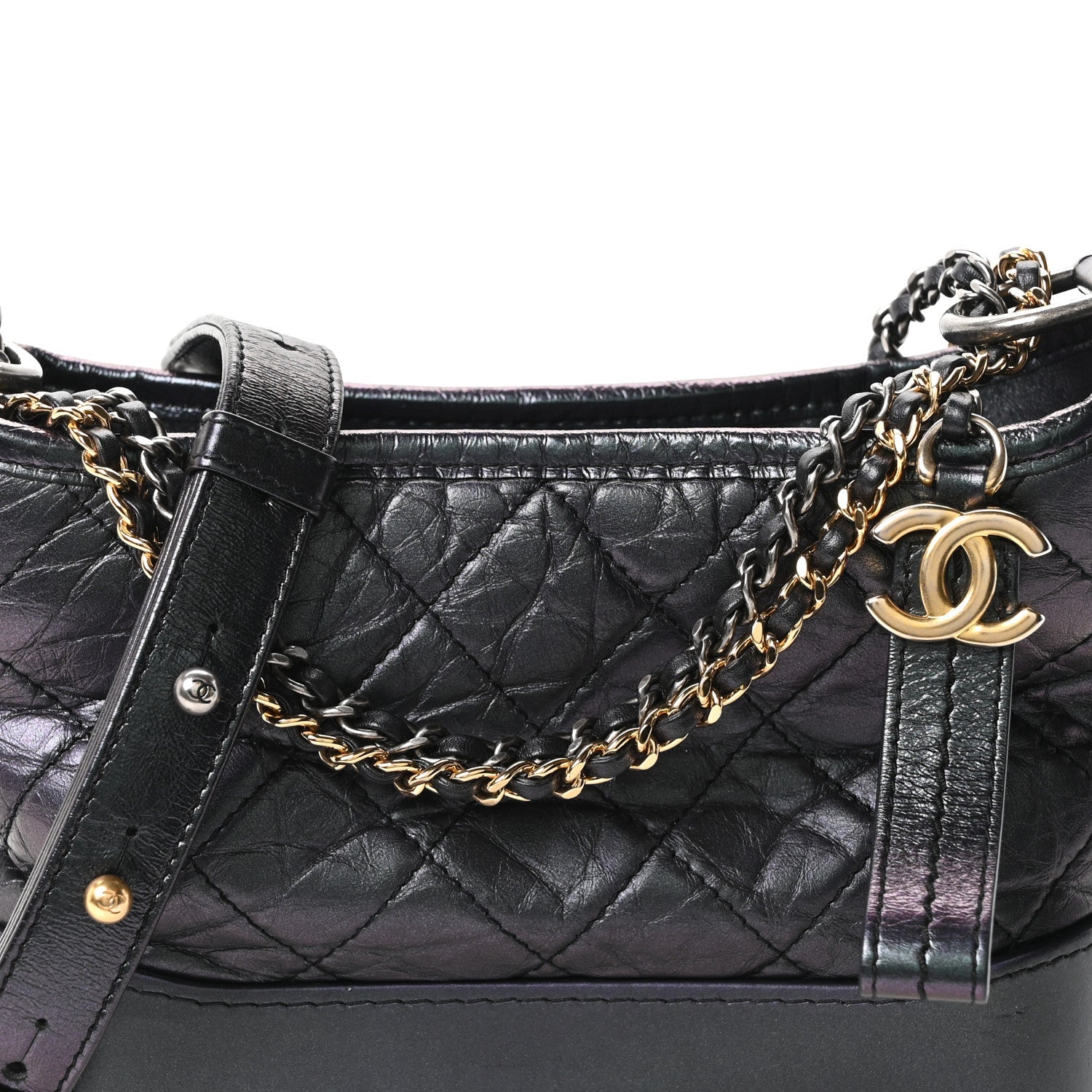 Iridescent Aged Calfskin Quilted Small Gabrielle Hobo Black