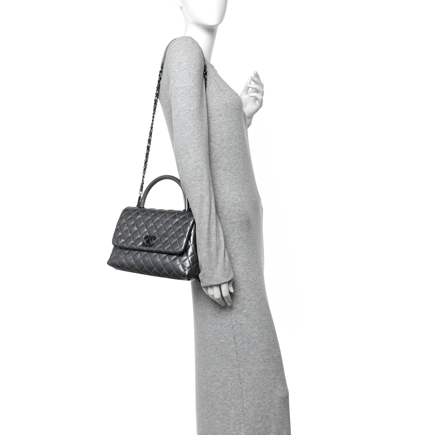 Metallic Aged Calfskin Quilted Small Coco Handle Flap Charcoal